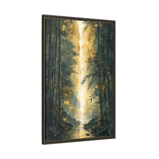 Main Mockup. Nature Bamboo Forest Emerald Gold shown as stretched canvas wall art