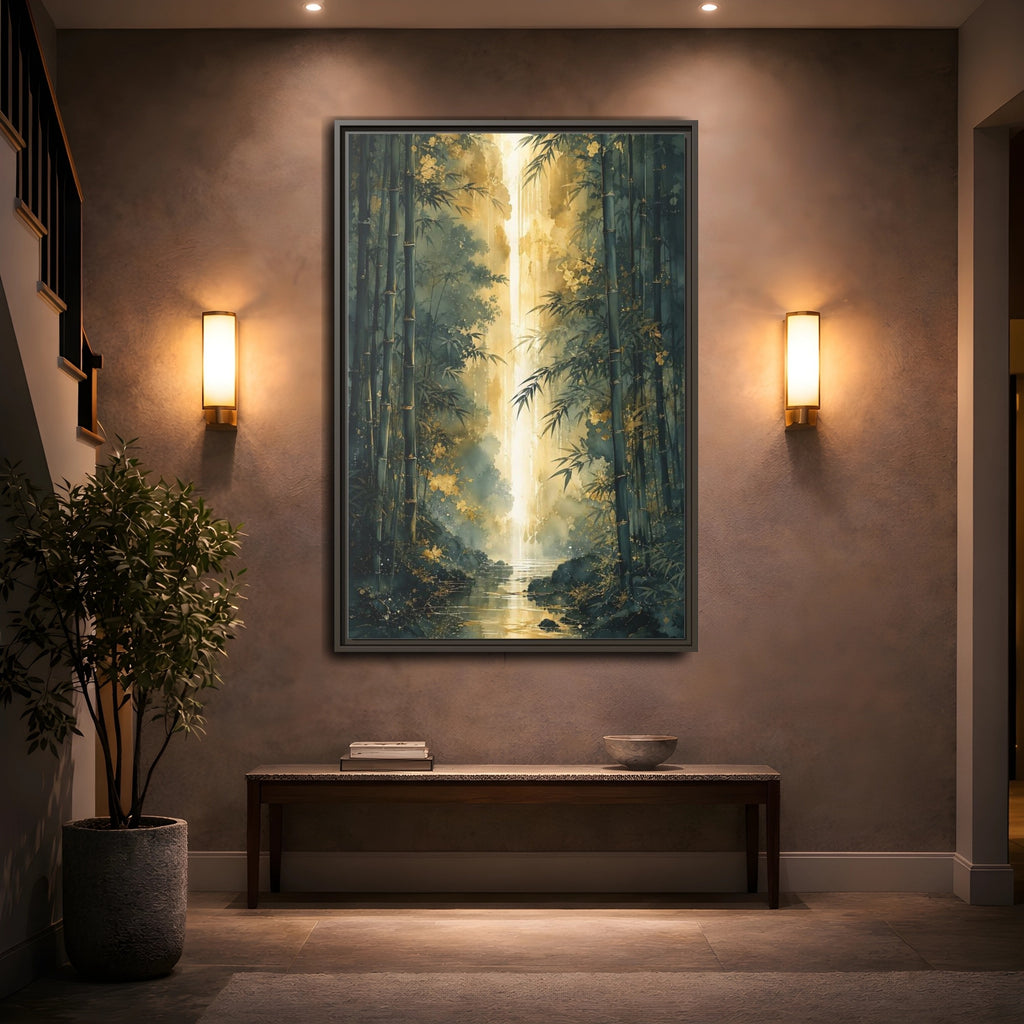 Mockup 2. Nature Bamboo Forest Emerald Gold shown as stretched canvas wall art
