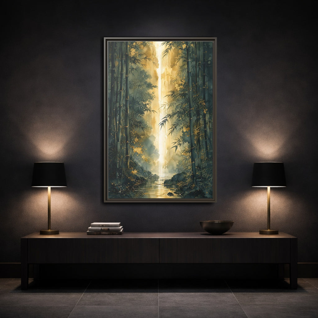 Mockup 3. Nature Bamboo Forest Emerald Gold shown as stretched canvas wall art