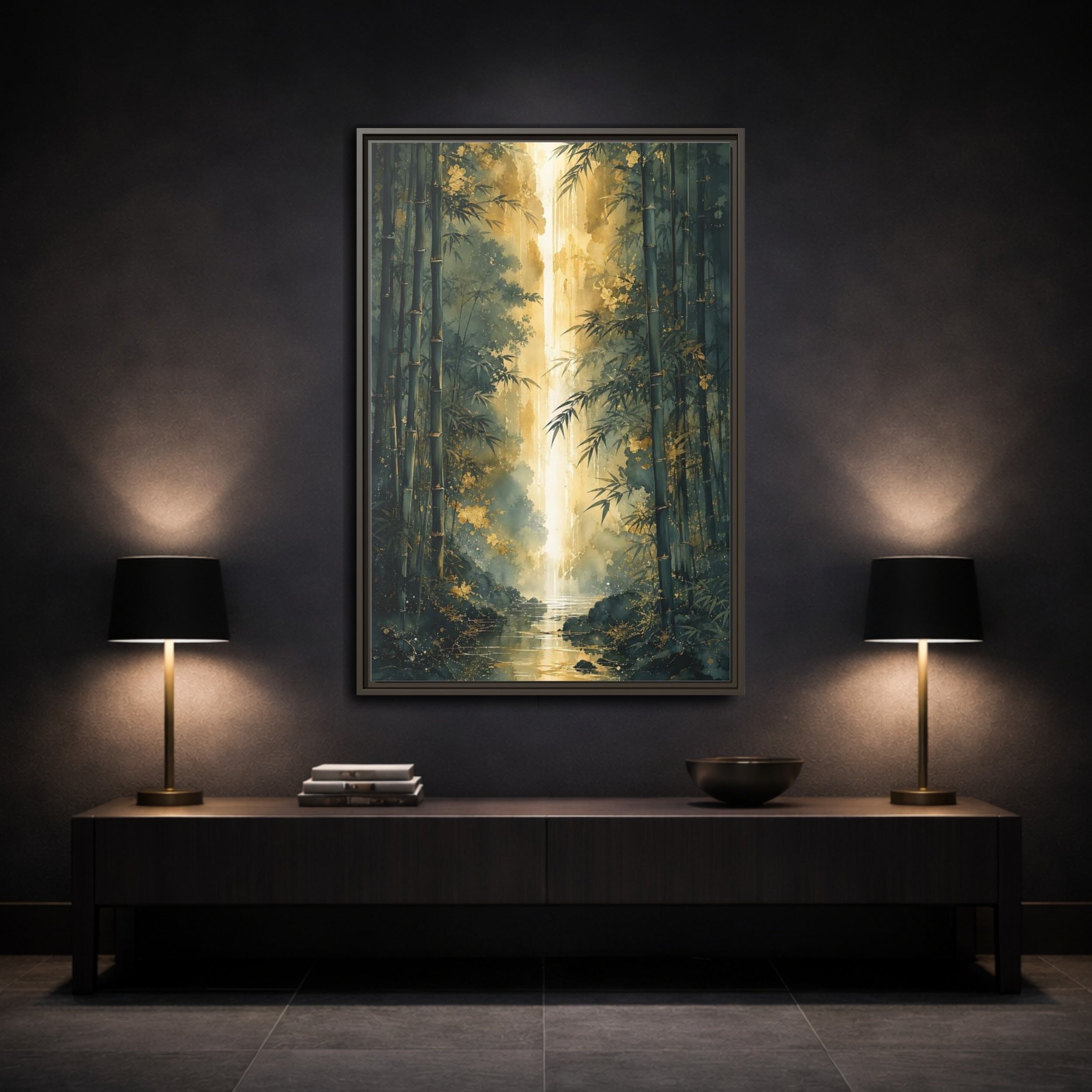 Mockup 3. Nature Bamboo Forest Emerald Gold shown as stretched canvas wall art