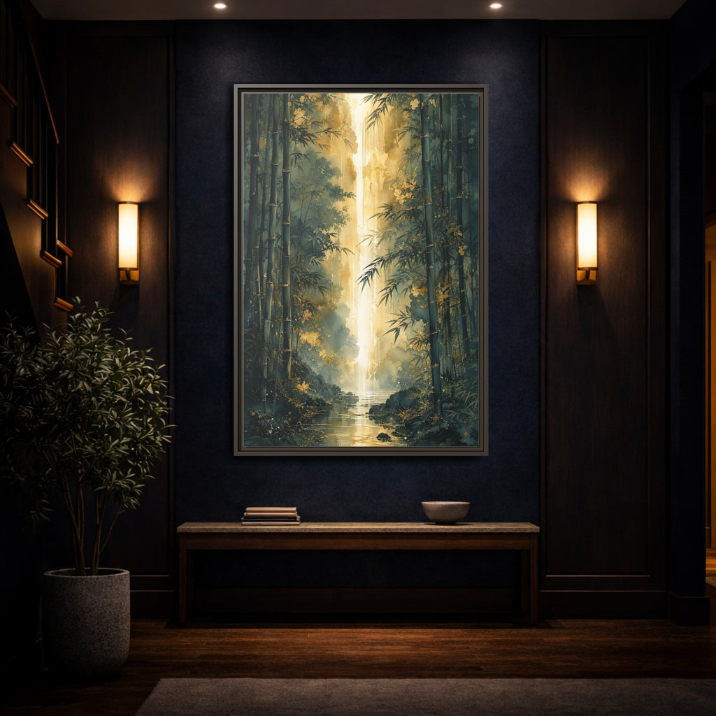 Mockup 4. Nature Bamboo Forest Emerald Gold shown as stretched canvas wall art