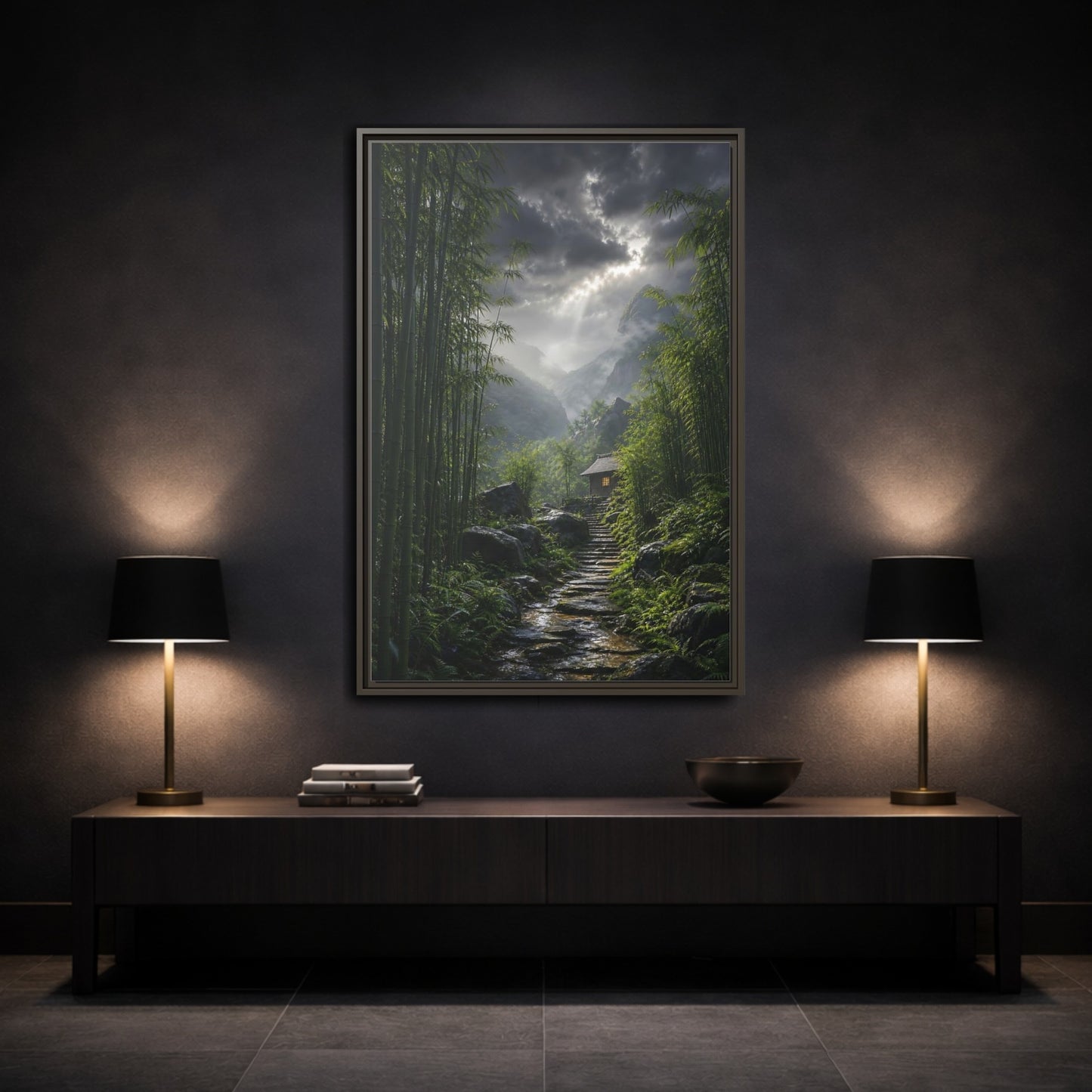 Mockup 3. Nature Bamboo Forest Green Landscape shown as stretched canvas wall art