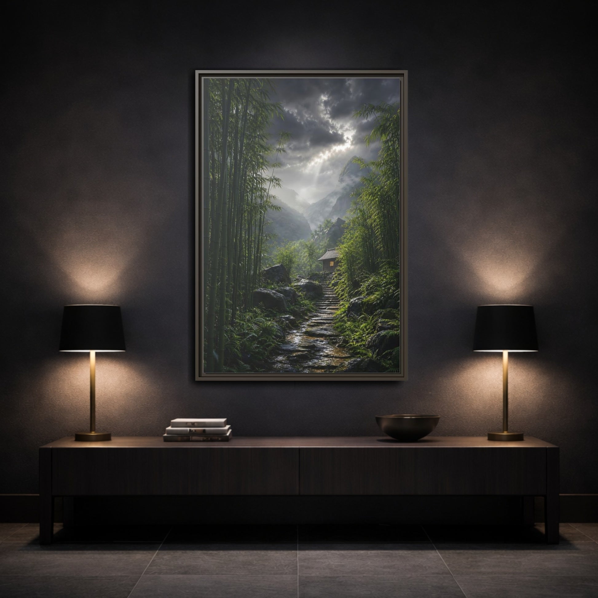 Mockup 3. Nature Bamboo Forest Green Landscape shown as stretched canvas wall art