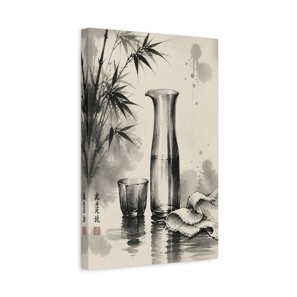 Side Mockup 4. Nature Bamboo, Glassware Monochrome Asian Art shown as stretched canvas wall art