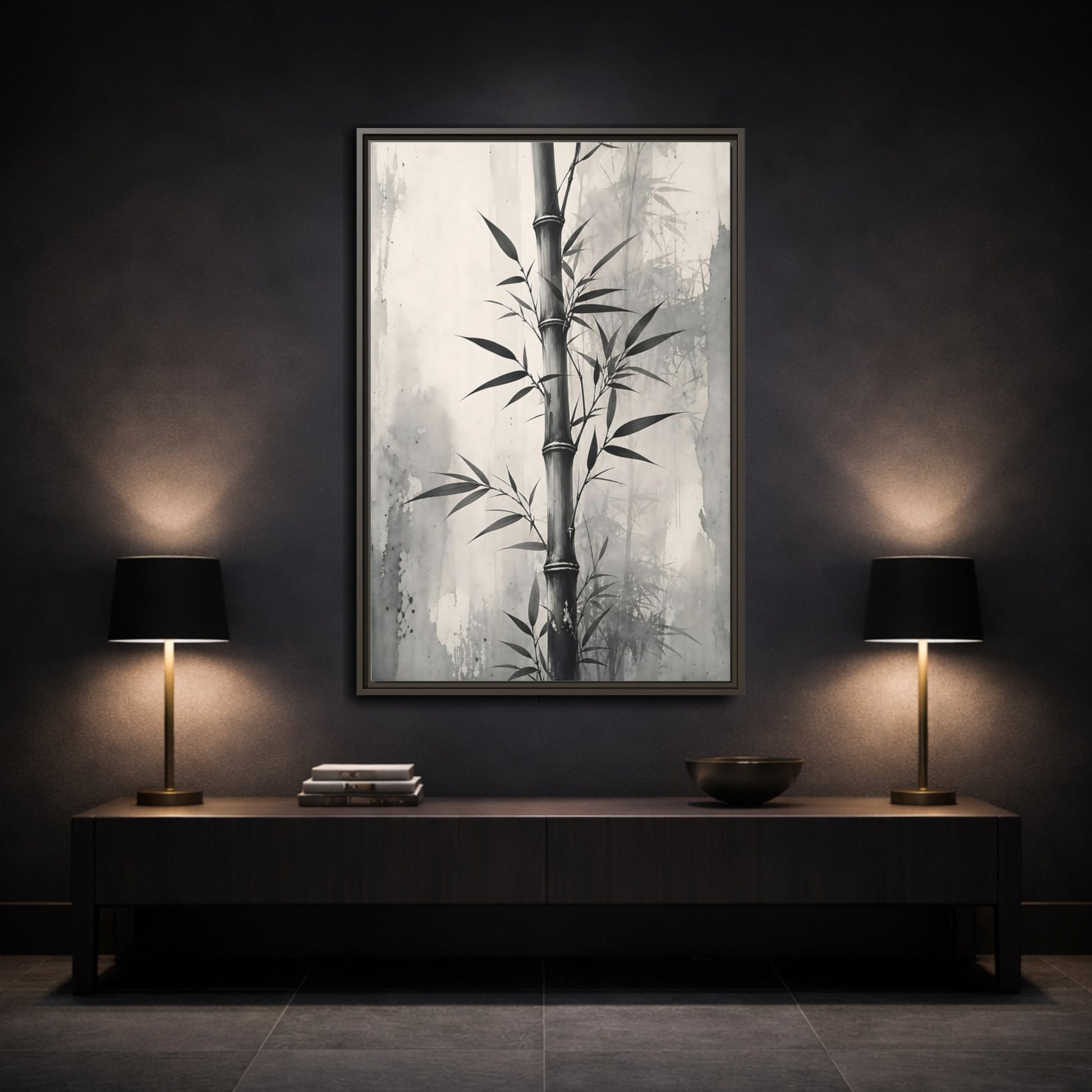 Mockup 3. Nature Bamboo Monochrome Bamboo shown as stretched canvas wall art