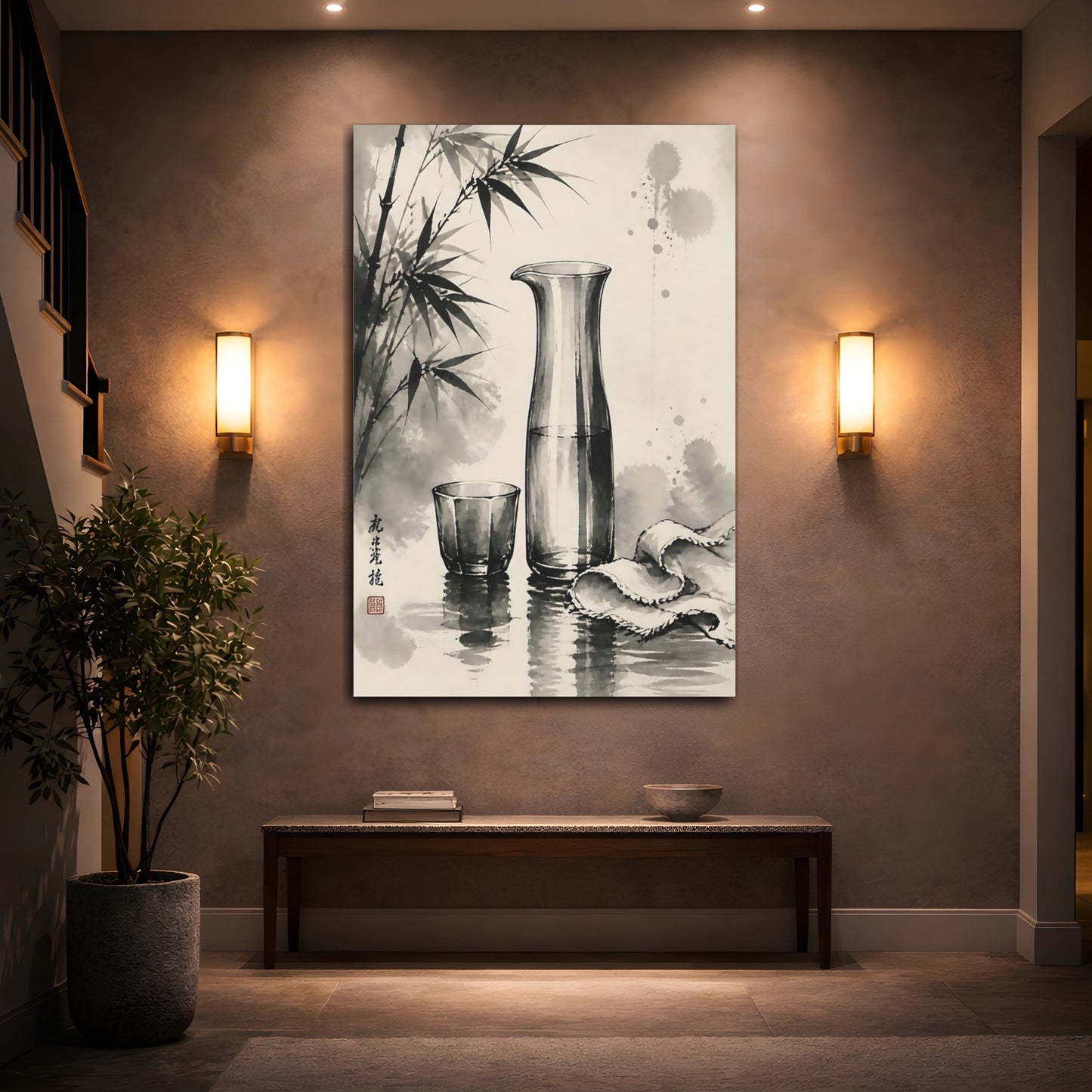 Mockup 2. Nature Bamboo, Glassware Monochrome Asian Art shown as stretched canvas wall art