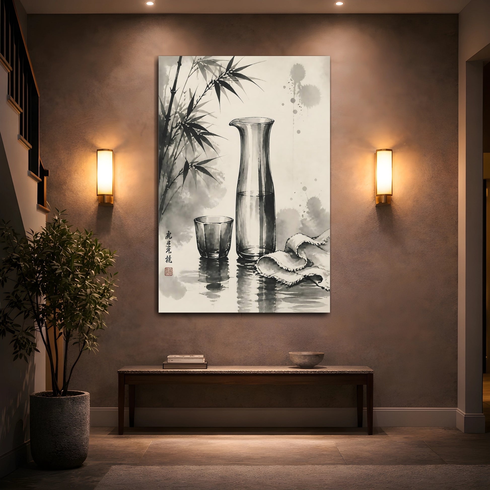 Mockup 2. Nature Bamboo, Glassware Monochrome Asian Art shown as stretched canvas wall art