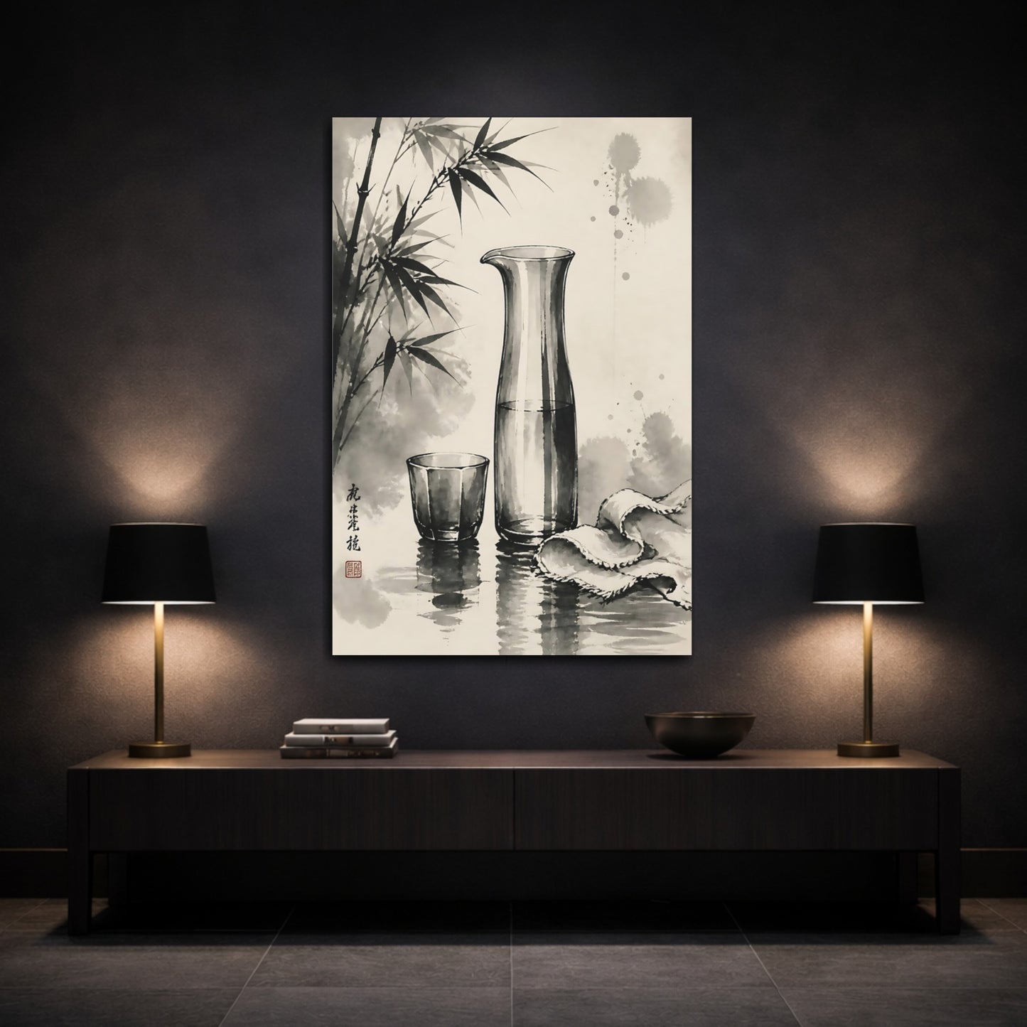 Mockup 3. Nature Bamboo, Glassware Monochrome Asian Art shown as stretched canvas wall art