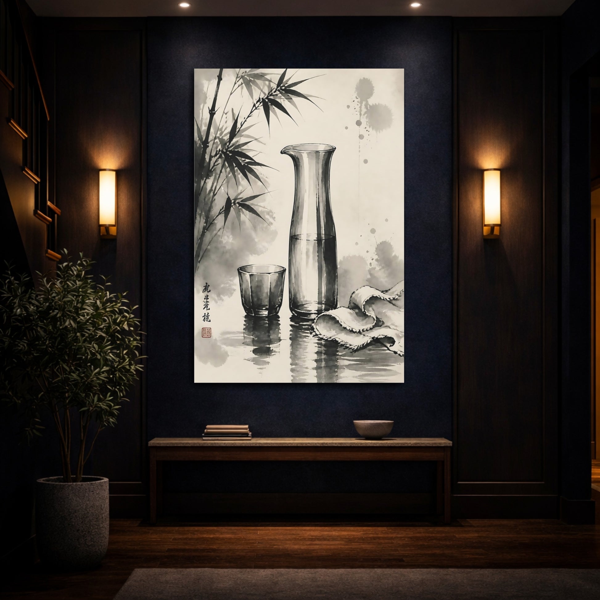 Mockup 4. Nature Bamboo, Glassware Monochrome Asian Art shown as stretched canvas wall art
