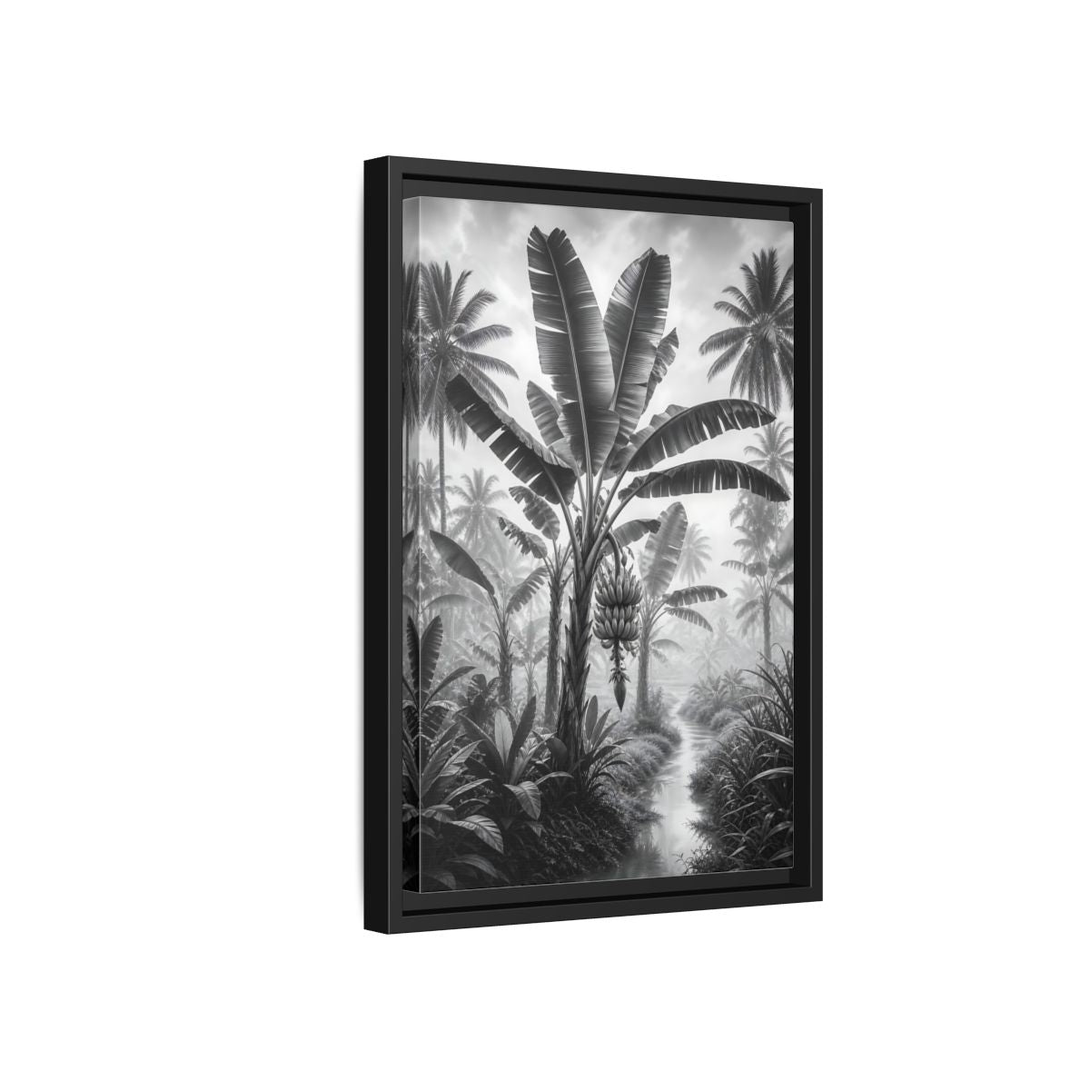 Side Mockup 6. Nature Banana Tree Black And White Tropical shown as stretched canvas wall art