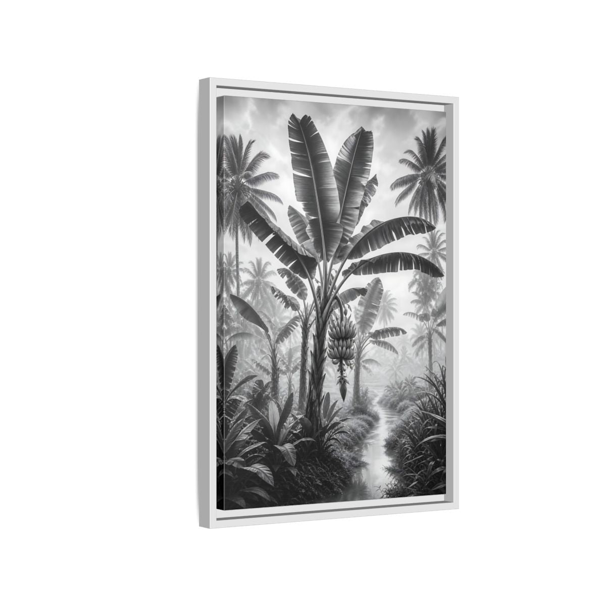 Side Mockup 1. Nature Banana Tree Black And White Tropical shown as stretched canvas wall art