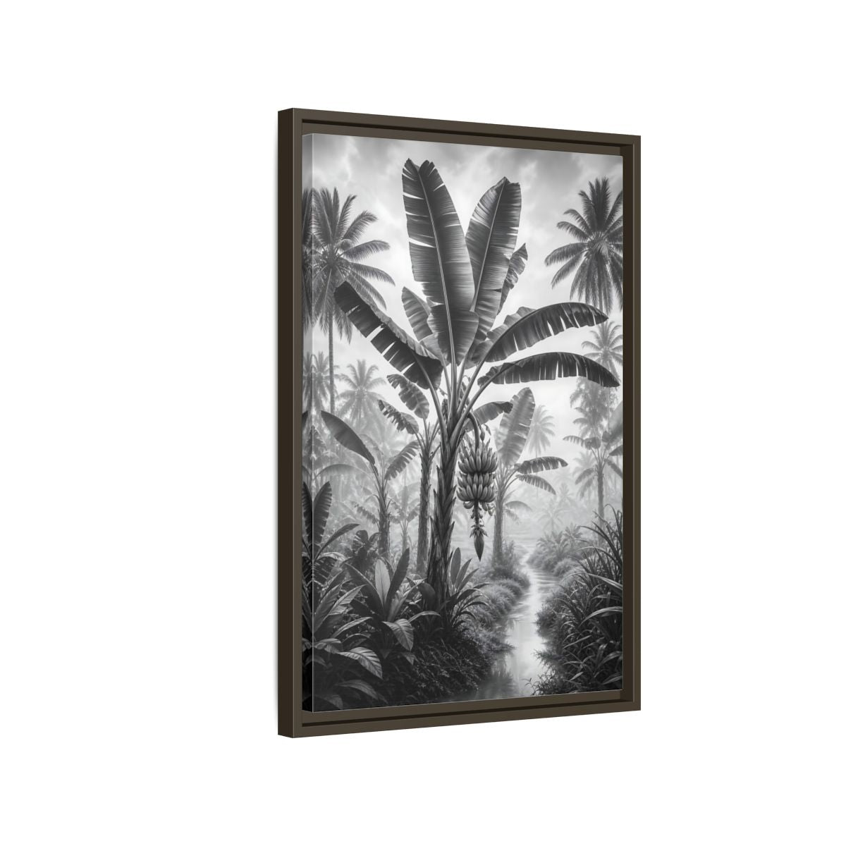 Side Mockup 2. Nature Banana Tree Black And White Tropical shown as stretched canvas wall art