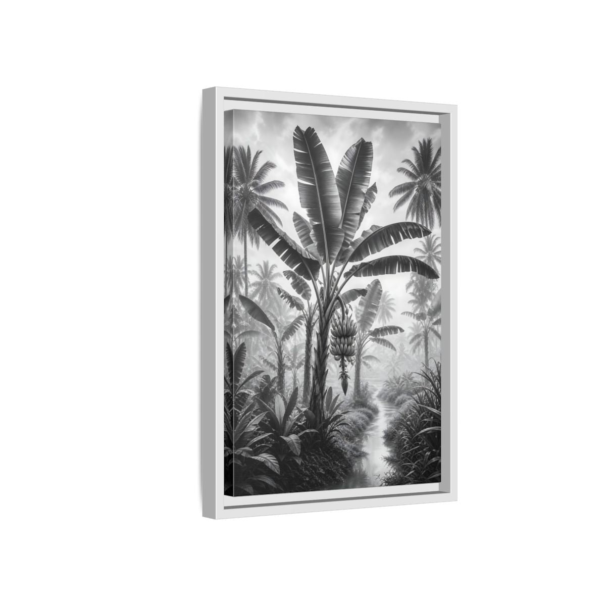 Side Mockup 4. Nature Banana Tree Black And White Tropical shown as stretched canvas wall art