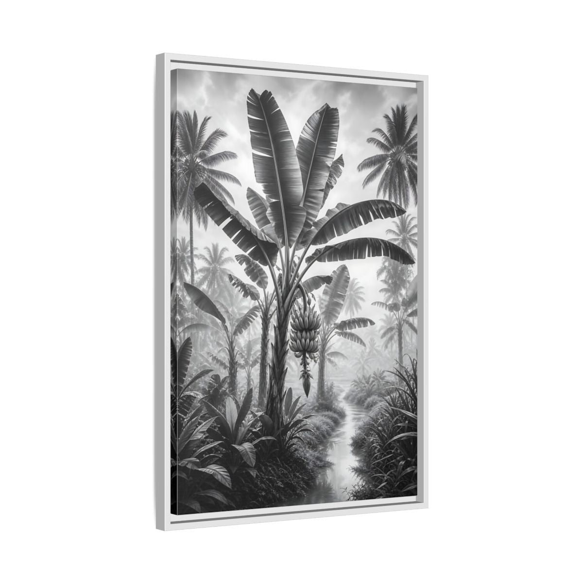 Side Mockup 10. Nature Banana Tree Black And White Tropical shown as stretched canvas wall art