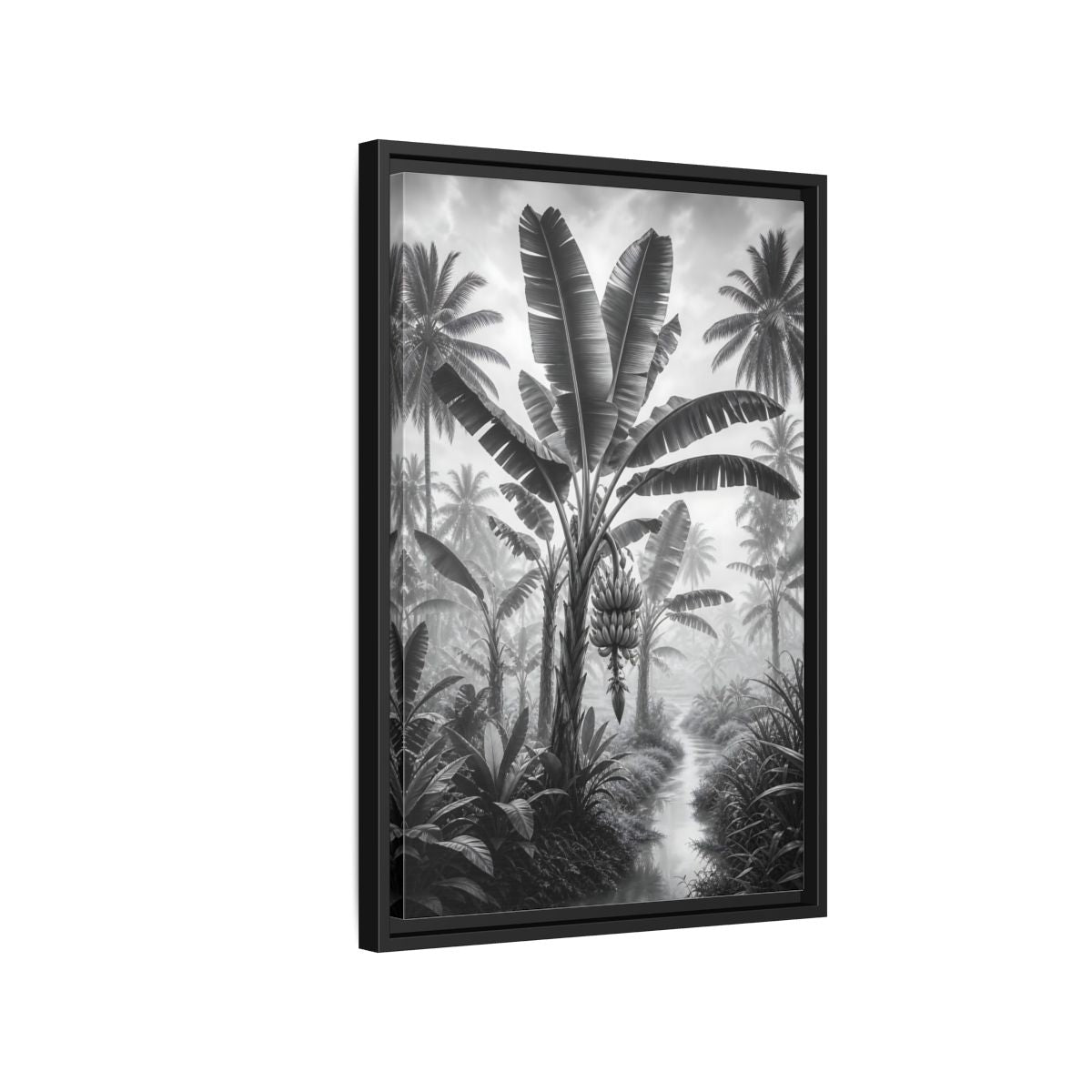 Side Mockup 3. Nature Banana Tree Black And White Tropical shown as stretched canvas wall art