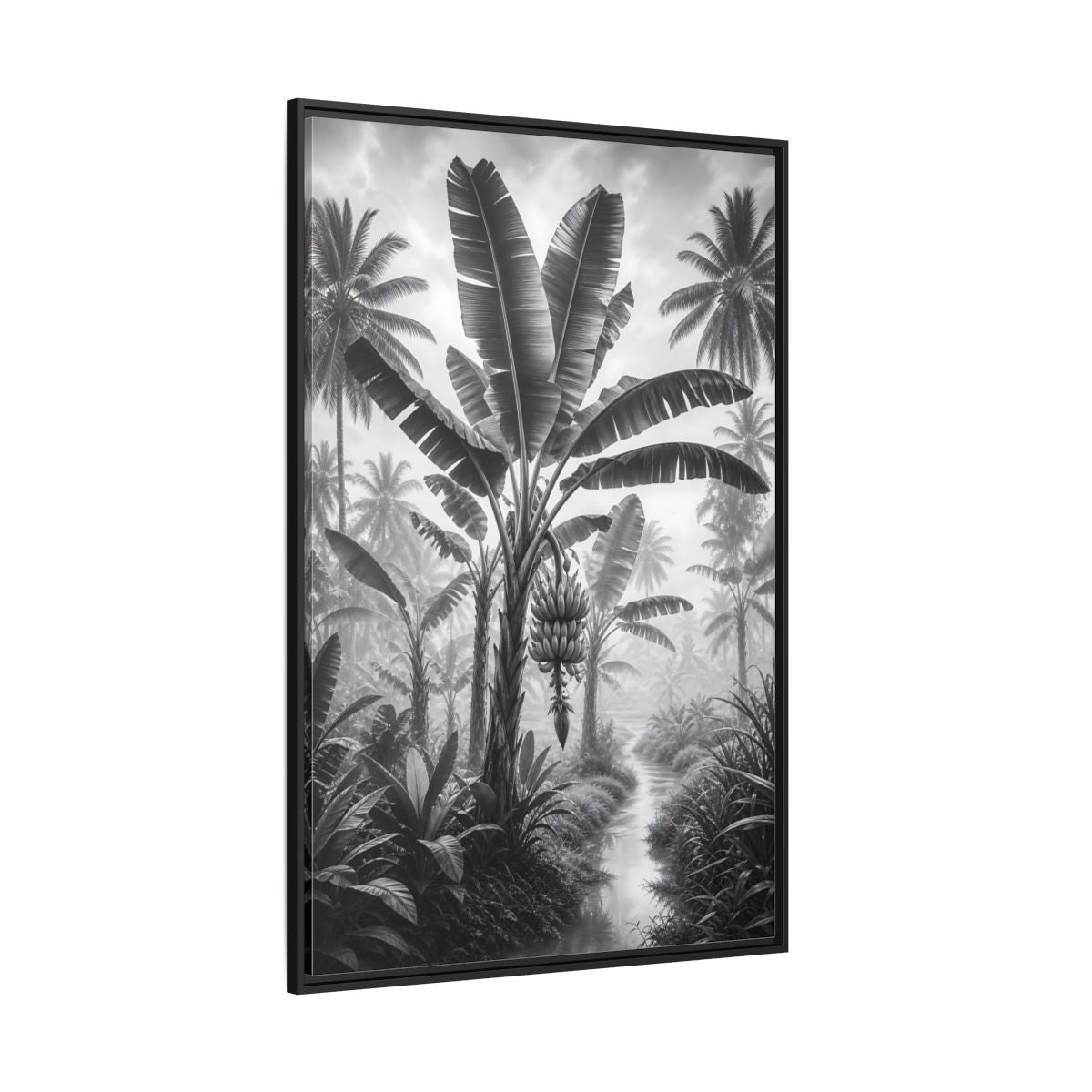 Side Mockup 12. Nature Banana Tree Black And White Tropical shown as stretched canvas wall art