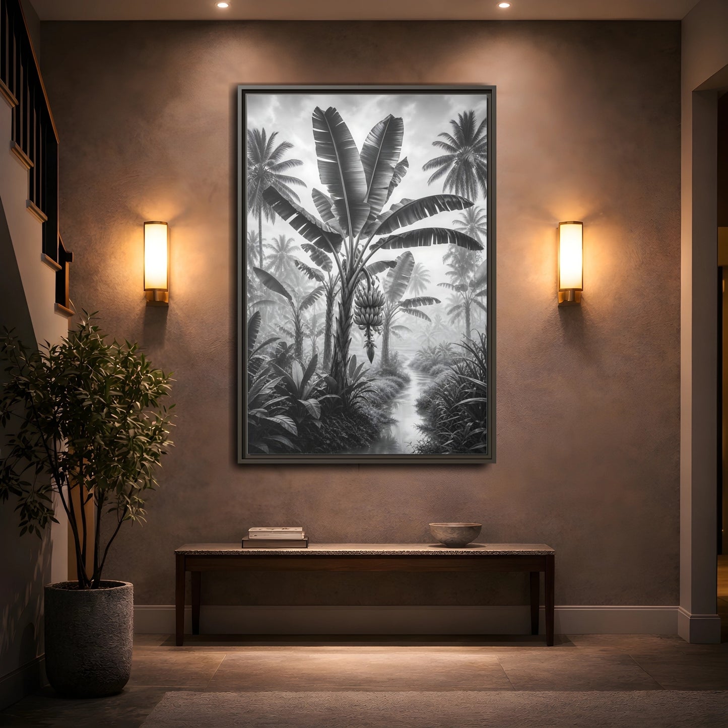 Mockup 2. Nature Banana Tree Black And White Tropical shown as stretched canvas wall art