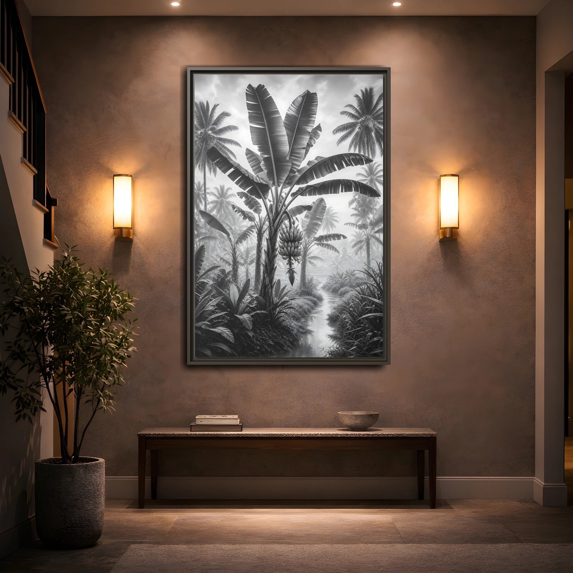 Mockup 2. Nature Banana Tree Black And White Tropical shown as stretched canvas wall art
