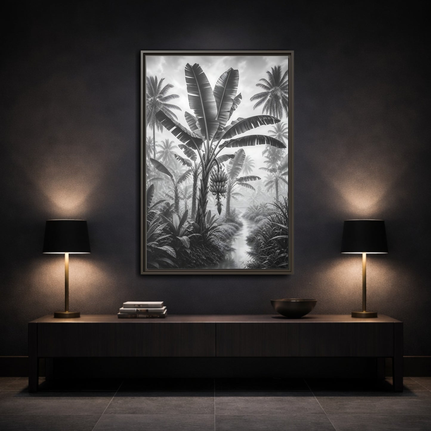 Mockup 3. Nature Banana Tree Black And White Tropical shown as stretched canvas wall art