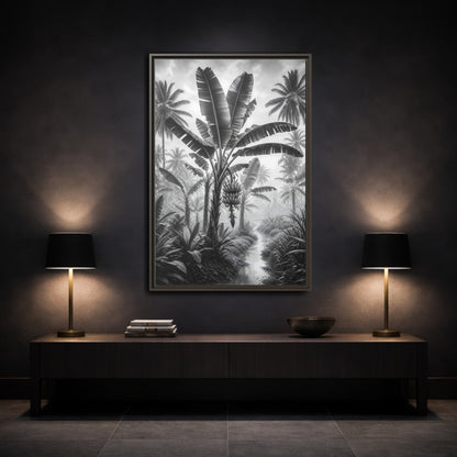 Mockup 3. Nature Banana Tree Black And White Tropical shown as stretched canvas wall art