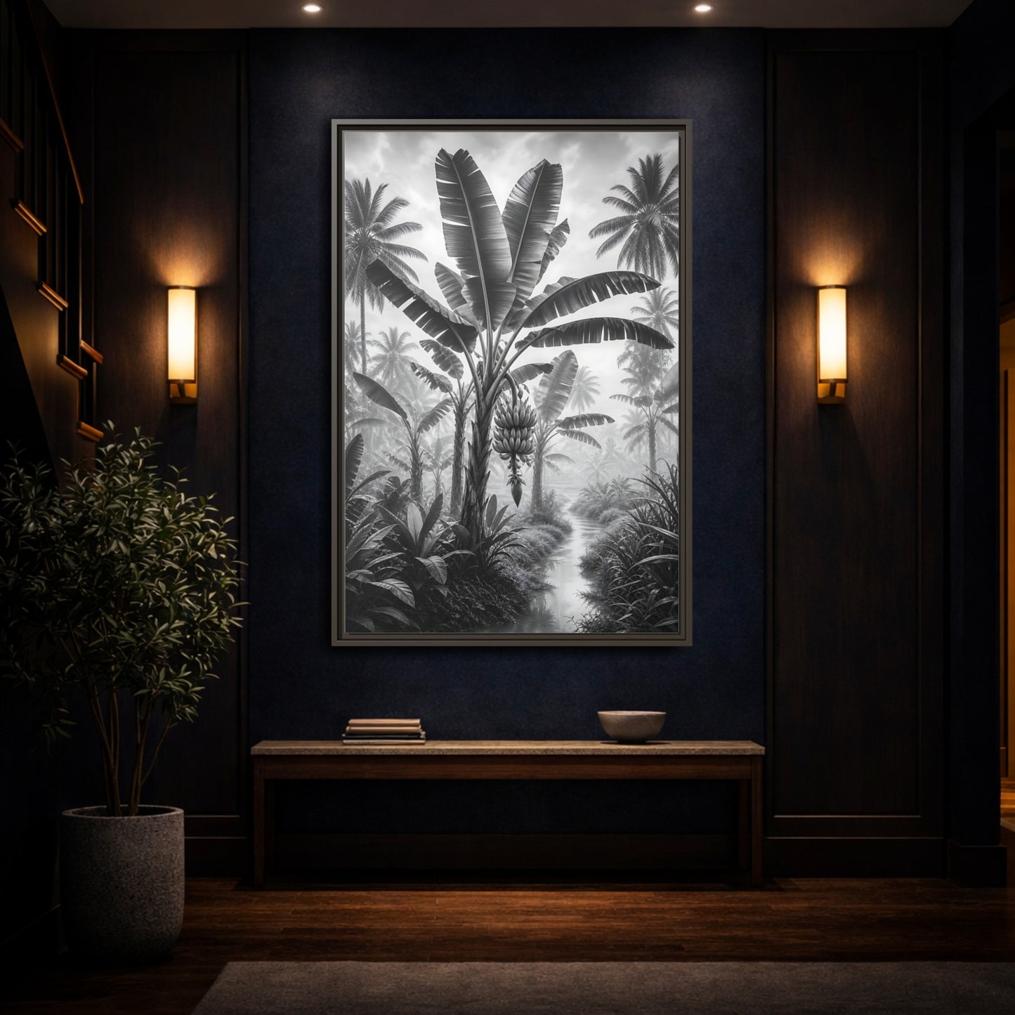 Mockup 4. Nature Banana Tree Black And White Tropical shown as stretched canvas wall art
