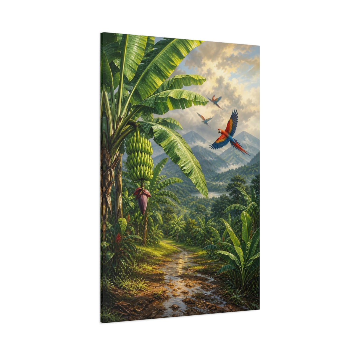 Side Mockup 1. Nature Banana Trees Lush Green Tropical shown as stretched canvas wall art