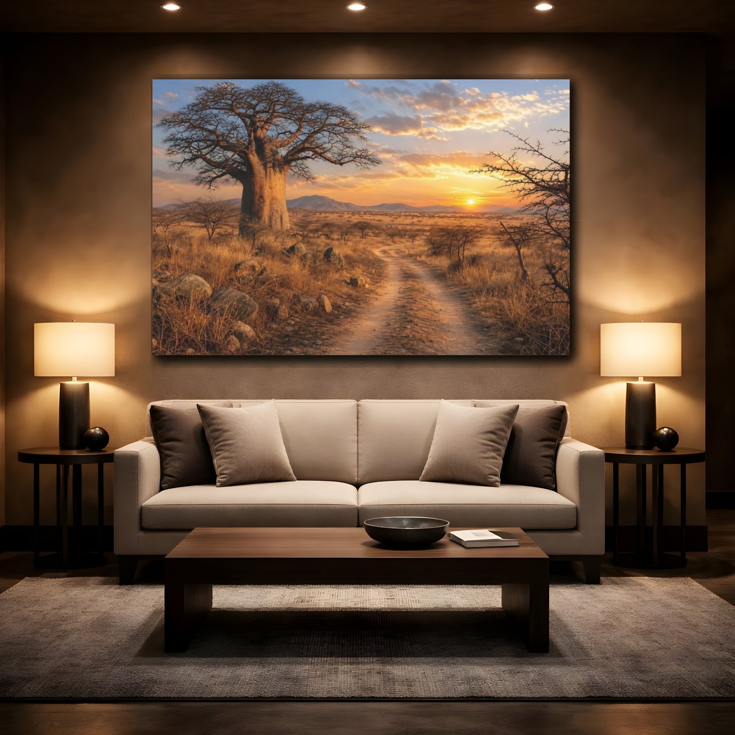 Mockup 2. Nature Baobab Tree Baobab Sunset Landscape shown as stretched canvas wall art