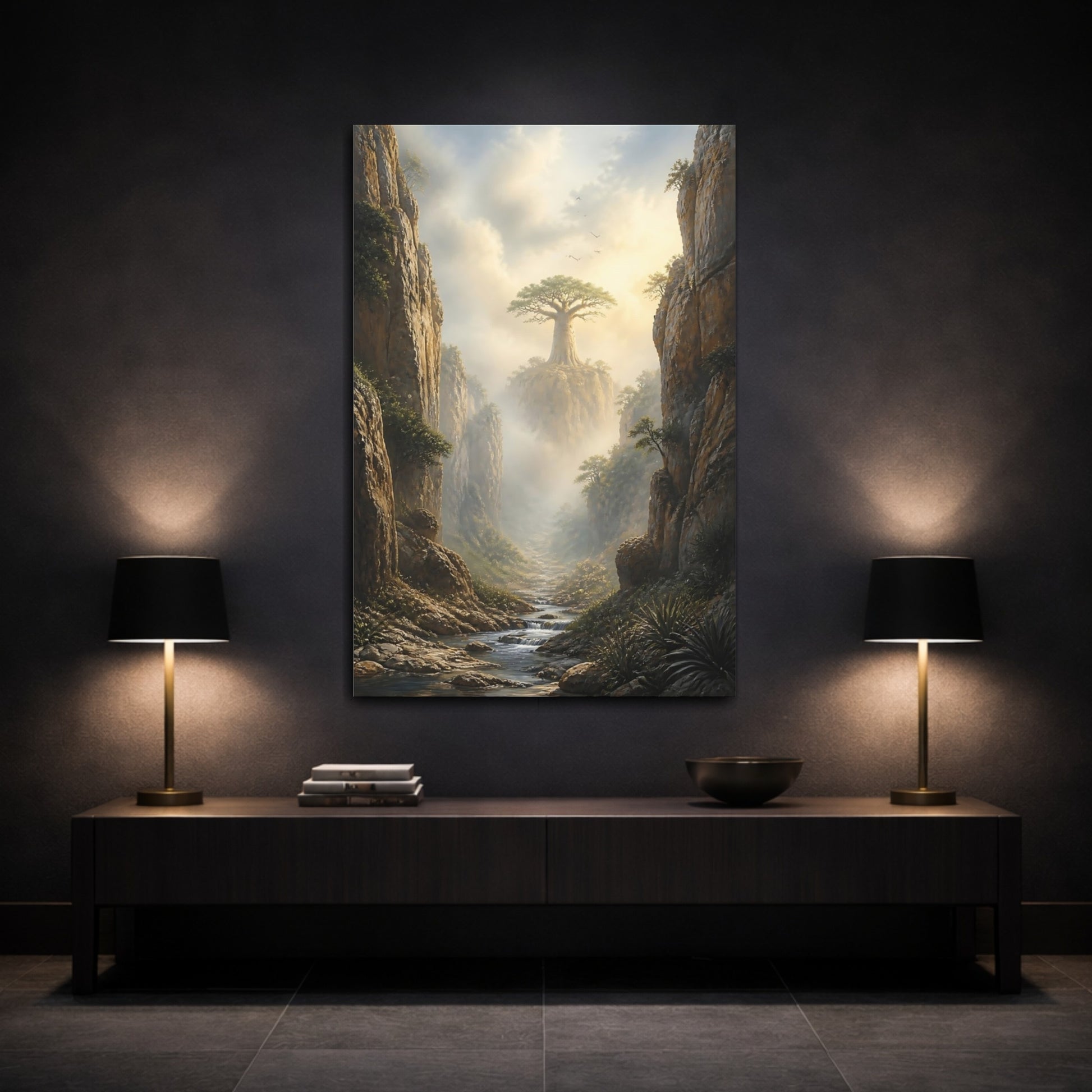 Mockup 3. Nature Baobab Tree Misty Baobab Canyon shown as stretched canvas wall art