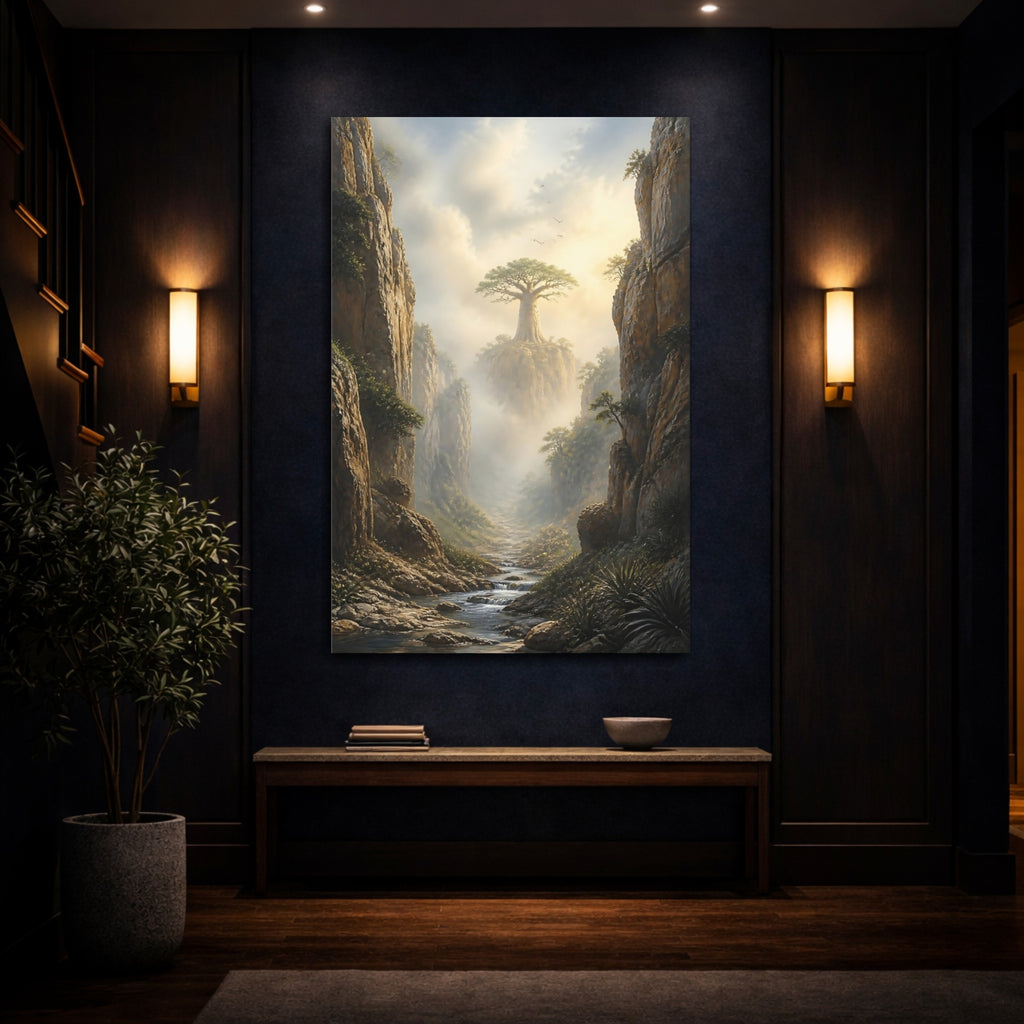 Mockup 4. Nature Baobab Tree Misty Baobab Canyon shown as stretched canvas wall art