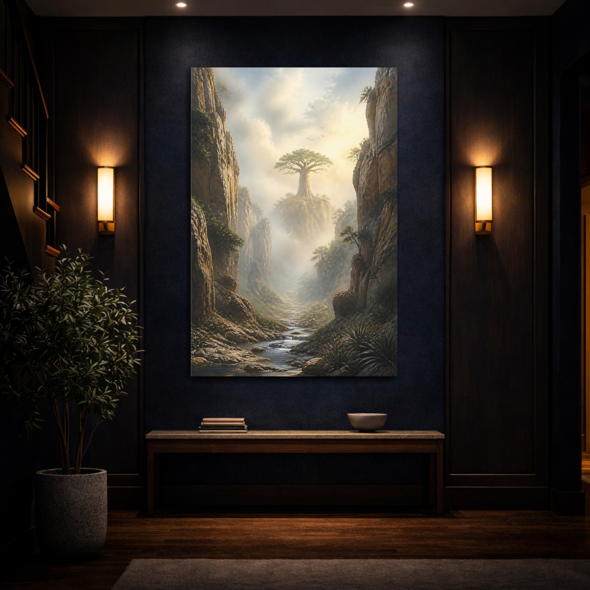 Mockup 4. Nature Baobab Tree Misty Baobab Canyon shown as stretched canvas wall art