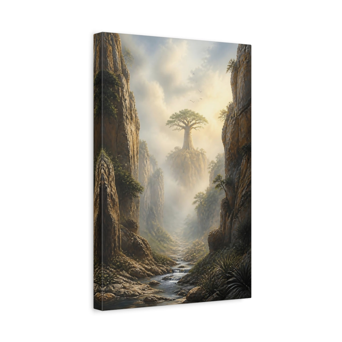 Side Mockup 4. Nature Baobab Tree Misty Baobab Canyon shown as stretched canvas wall art