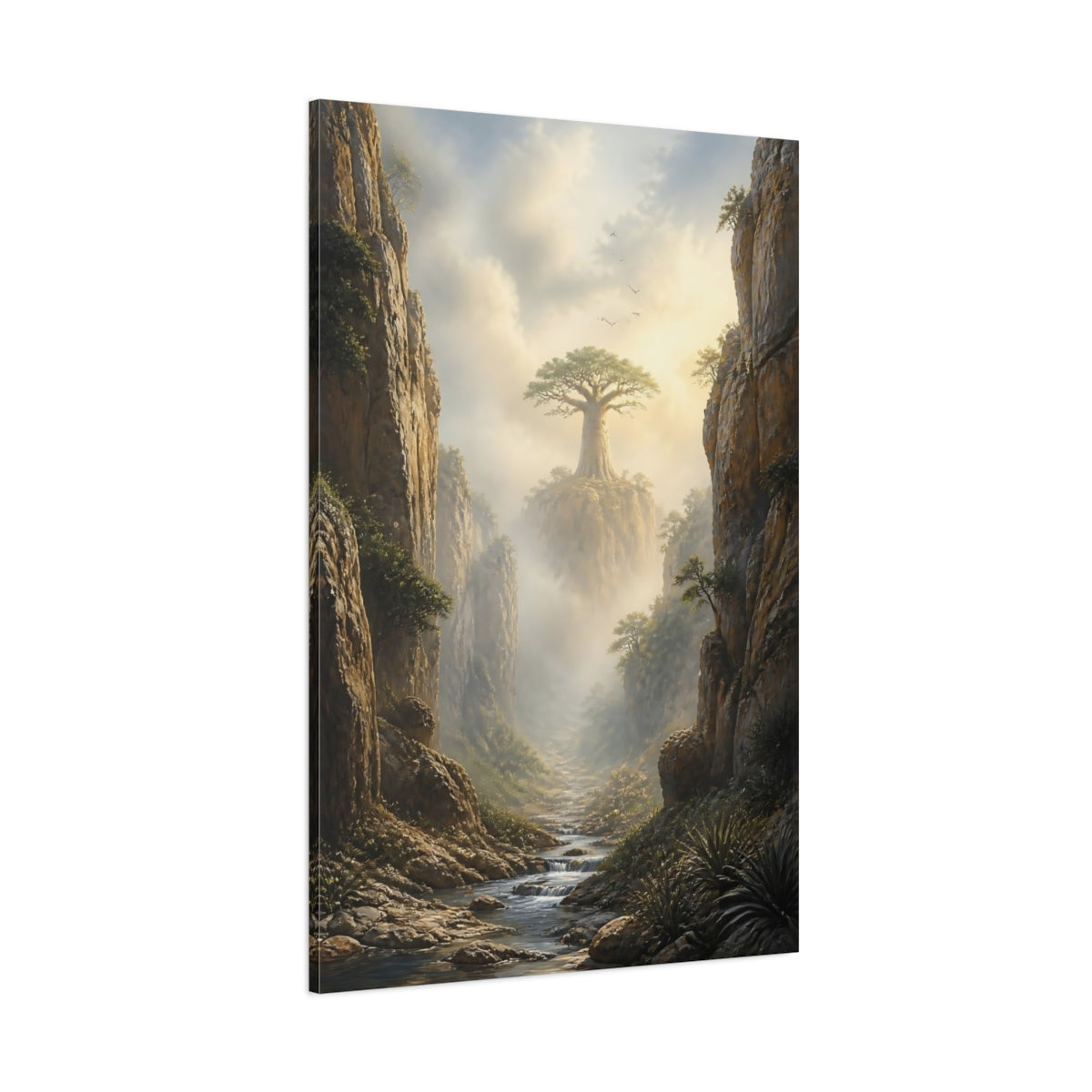 Side Mockup 1. Nature Baobab Tree Misty Baobab Canyon shown as stretched canvas wall art