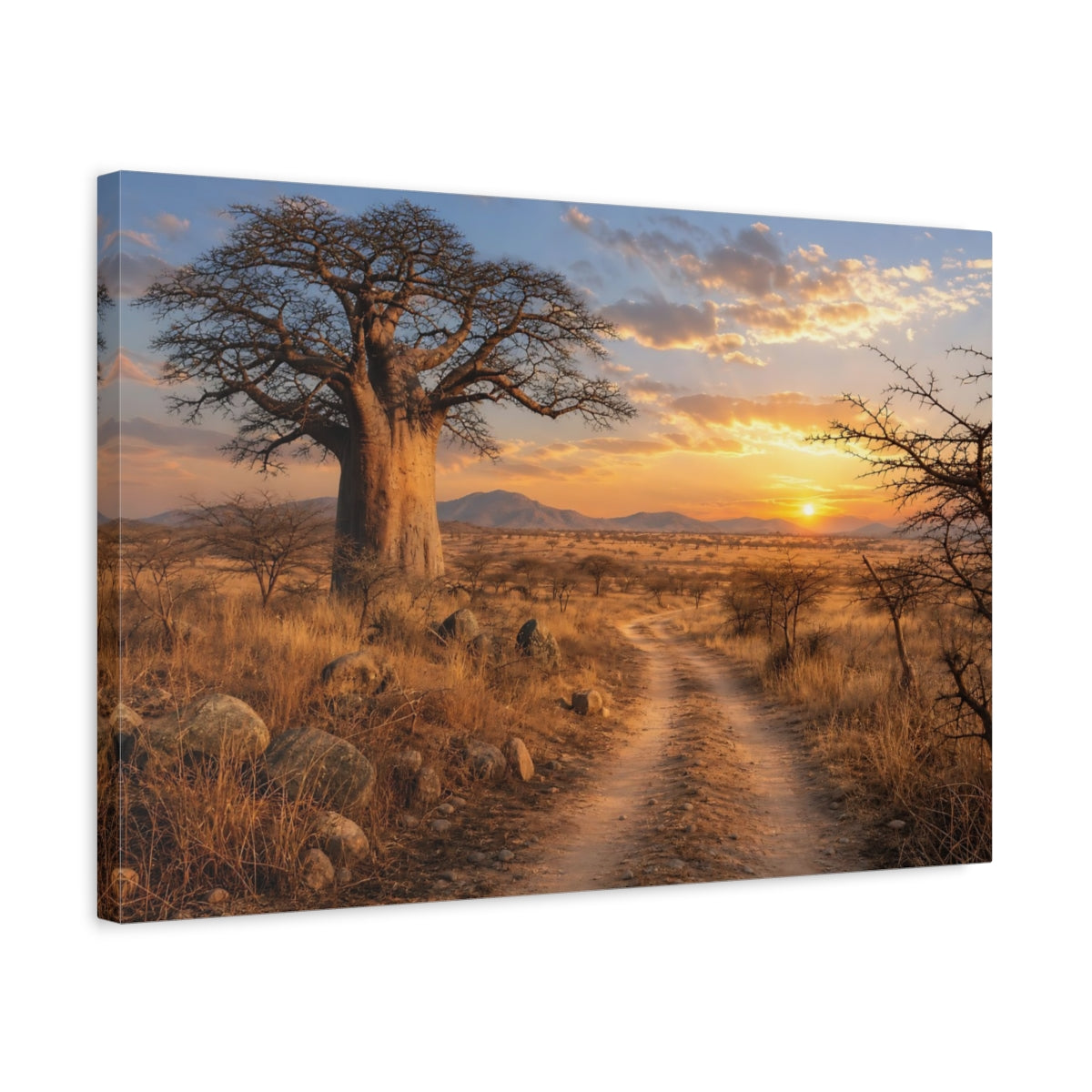 Side Mockup 3. Nature Baobab Tree Baobab Sunset Landscape shown as stretched canvas wall art