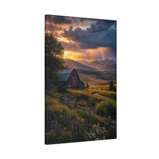 Main Mockup. Nature Barn Sunset Barn Landscape shown as stretched canvas wall art