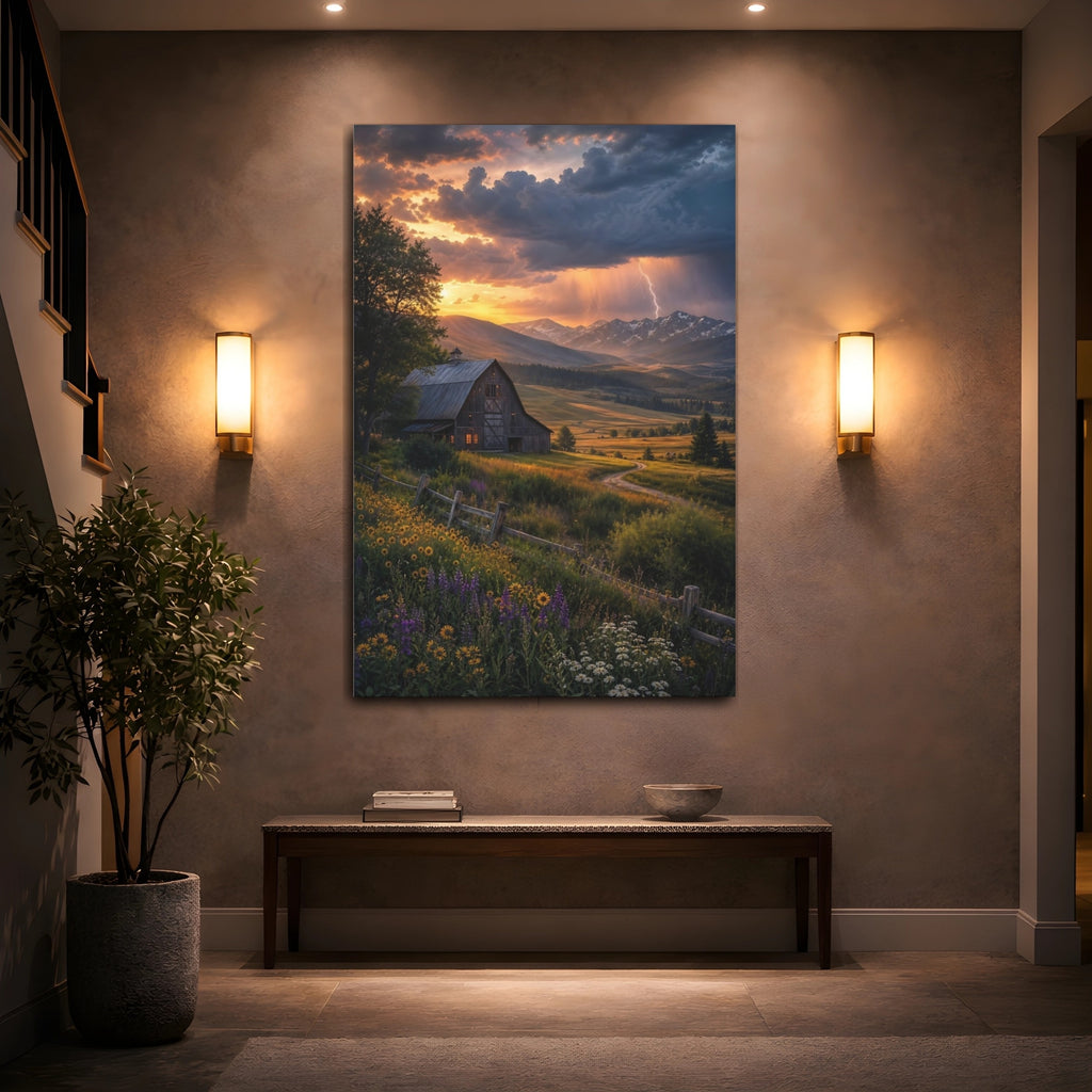 Mockup 2. Nature Barn Sunset Barn Landscape shown as stretched canvas wall art
