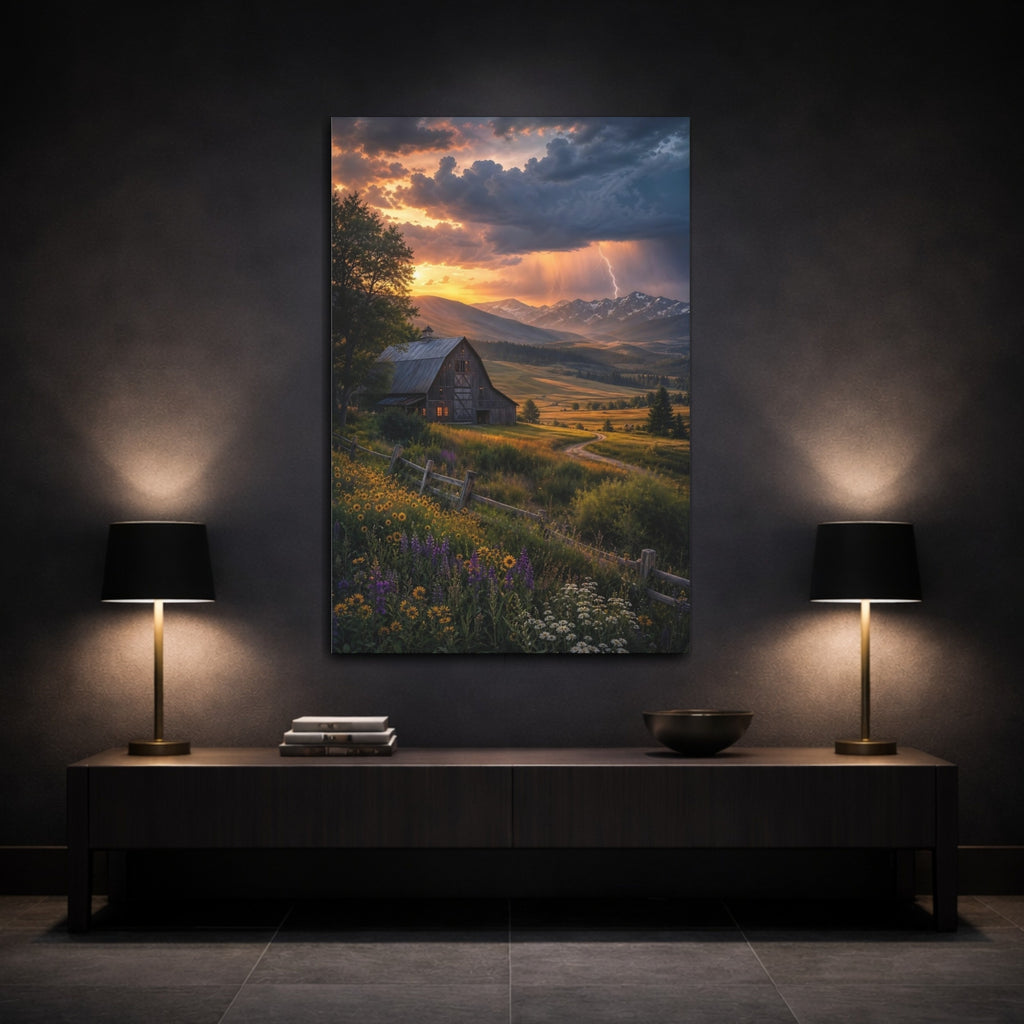 Mockup 3. Nature Barn Sunset Barn Landscape shown as stretched canvas wall art