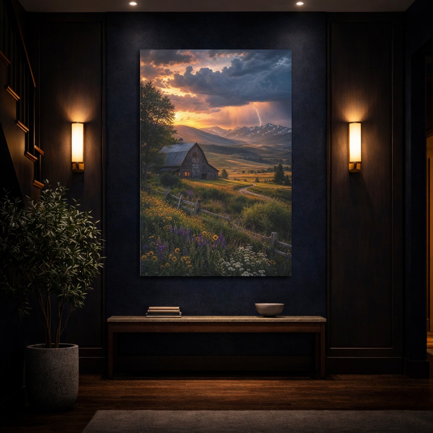 Mockup 4. Nature Barn Sunset Barn Landscape shown as stretched canvas wall art