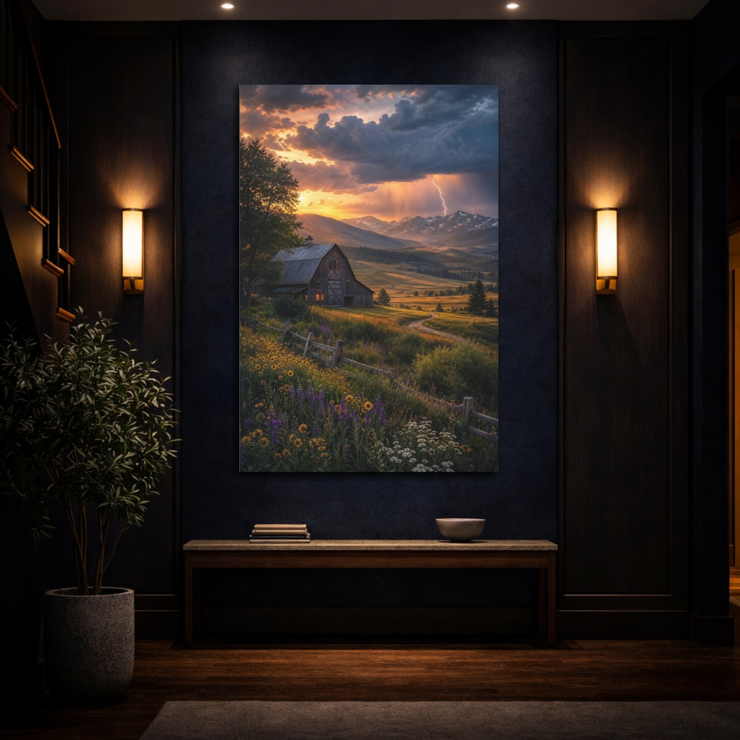 Mockup 4. Nature Barn Sunset Barn Landscape shown as stretched canvas wall art