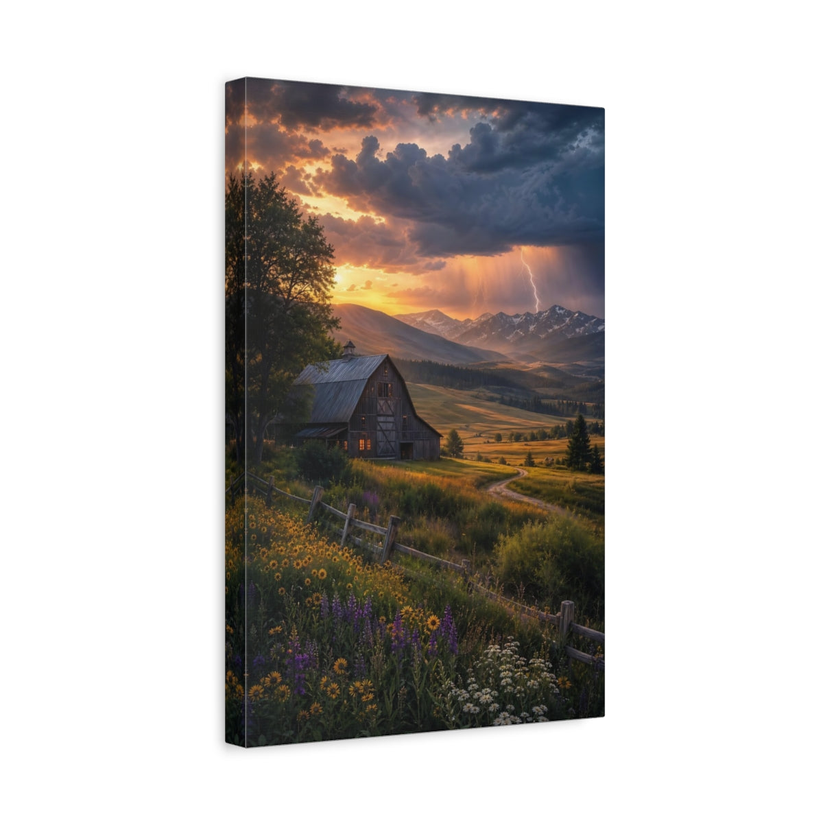 Side Mockup 4. Nature Barn Sunset Barn Landscape shown as stretched canvas wall art