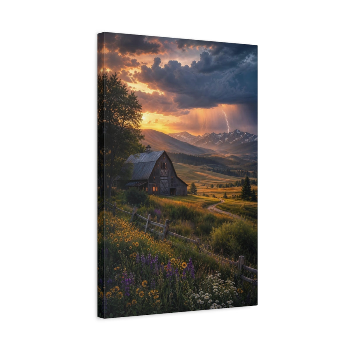 Side Mockup 3. Nature Barn Sunset Barn Landscape shown as stretched canvas wall art