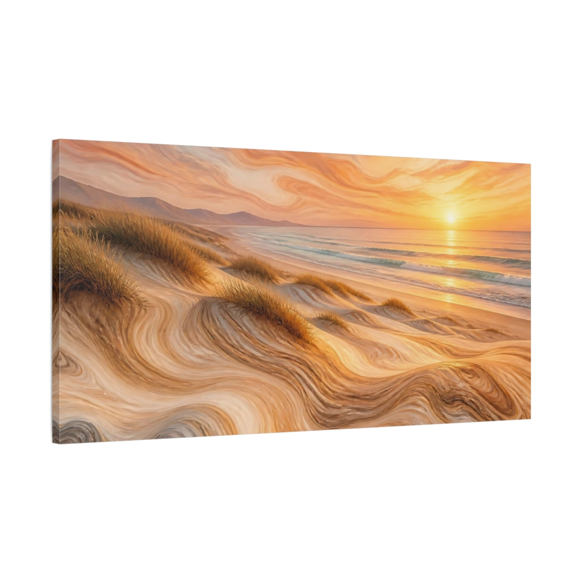Main Mockup. Nature Beach Dunes Warm Beach Sunset shown as stretched canvas wall art