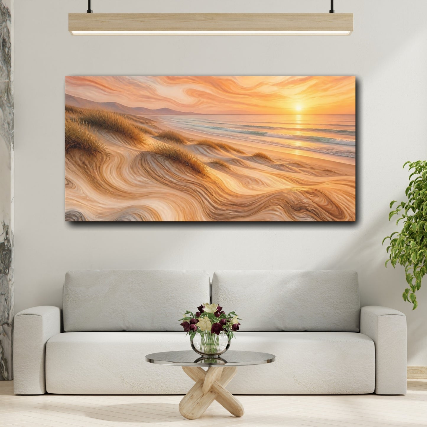 Mockup 2. Nature Beach Dunes Warm Beach Sunset shown as stretched canvas wall art