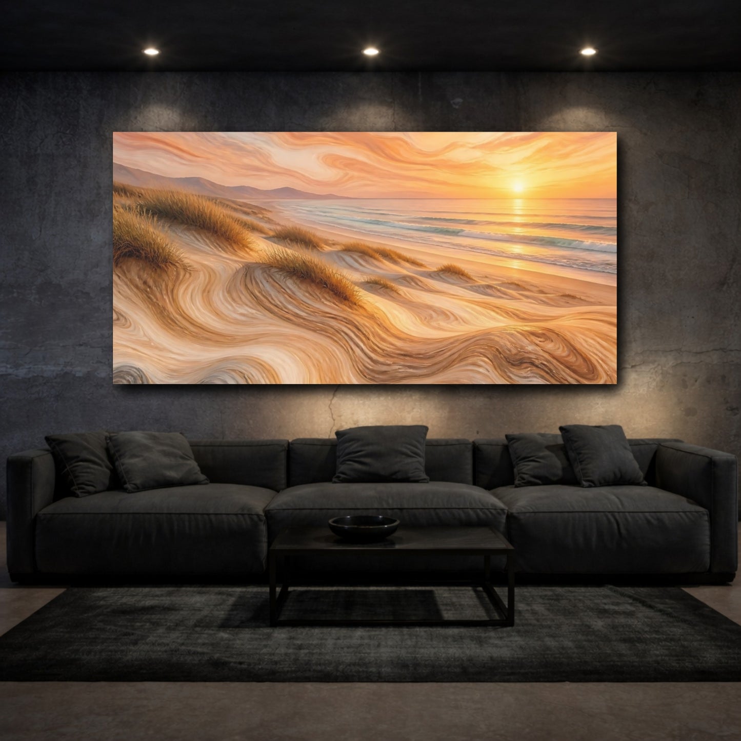 Mockup 3. Nature Beach Dunes Warm Beach Sunset shown as stretched canvas wall art
