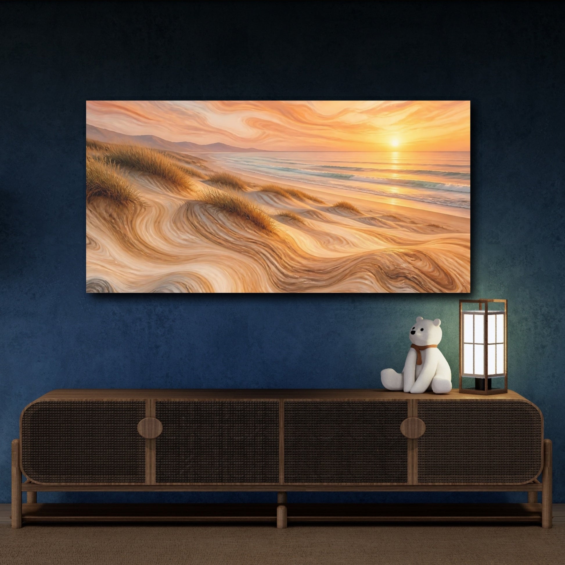 Mockup 4. Nature Beach Dunes Warm Beach Sunset shown as stretched canvas wall art