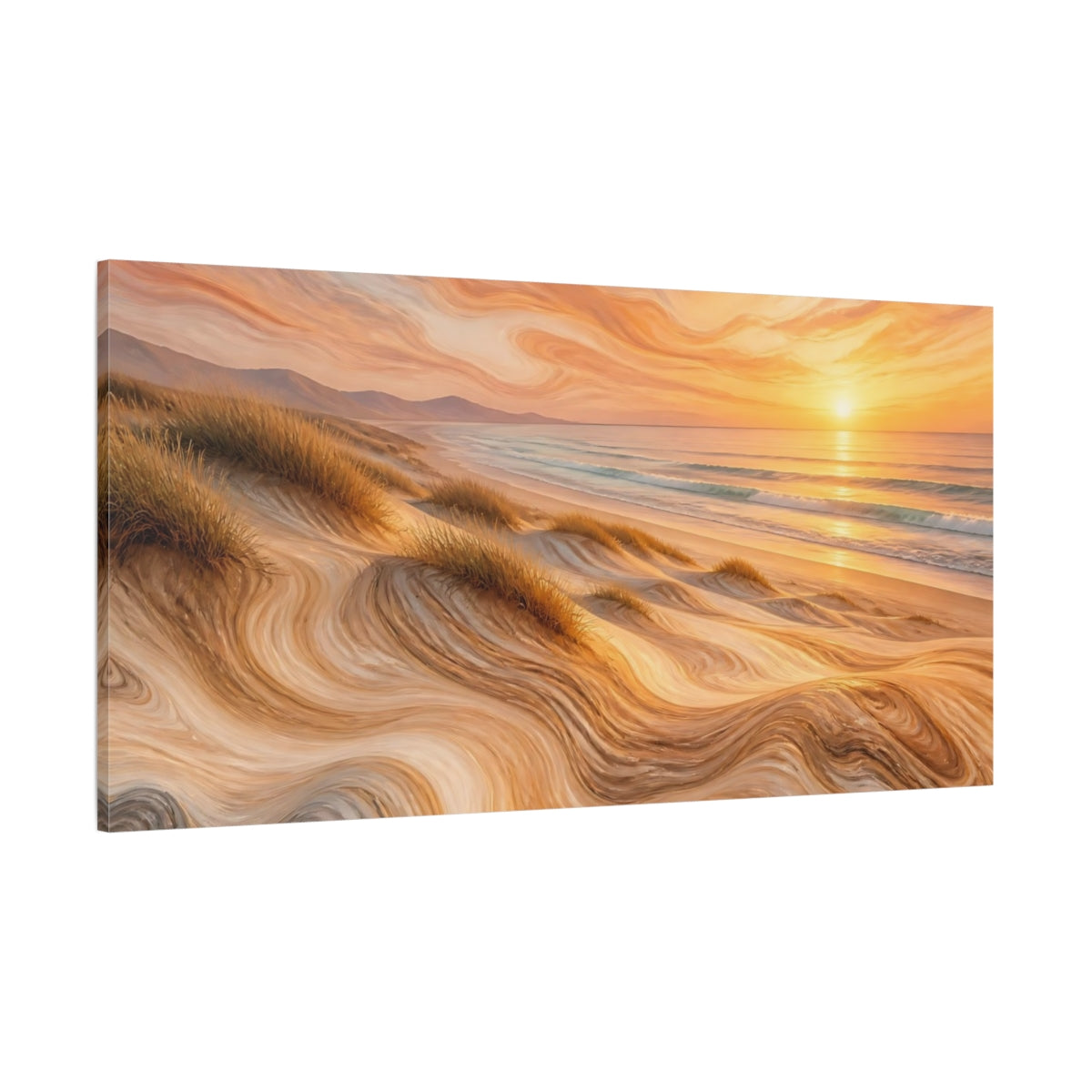Side Mockup 2. Nature Beach Dunes Warm Beach Sunset shown as stretched canvas wall art