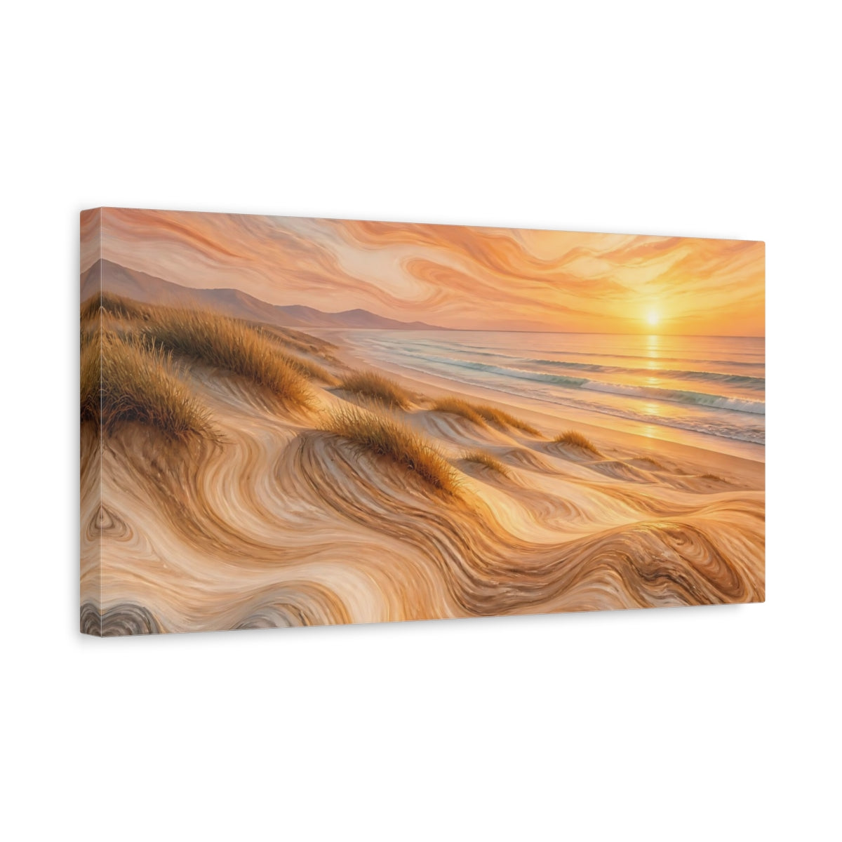 Side Mockup 3. Nature Beach Dunes Warm Beach Sunset shown as stretched canvas wall art