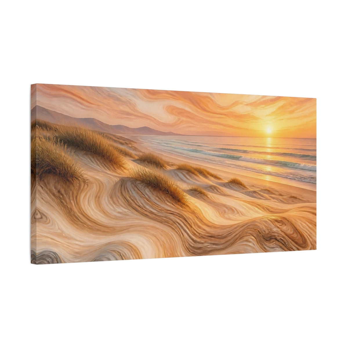 Side Mockup 1. Nature Beach Dunes Warm Beach Sunset shown as stretched canvas wall art
