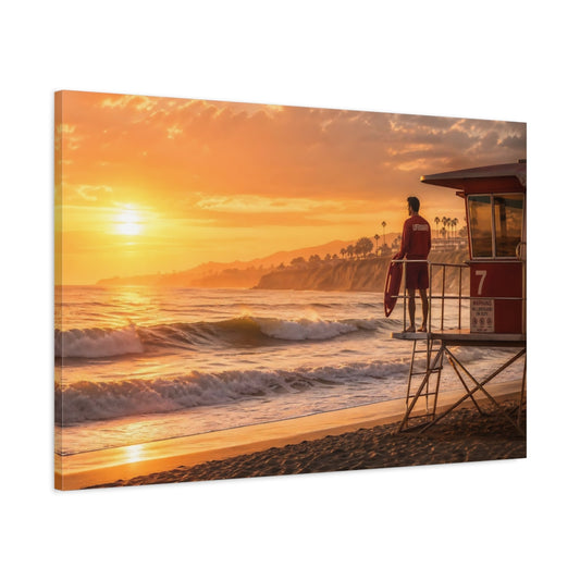 Main Mockup. Nature Beach Lifeguard Orange Sunset shown as canvas print