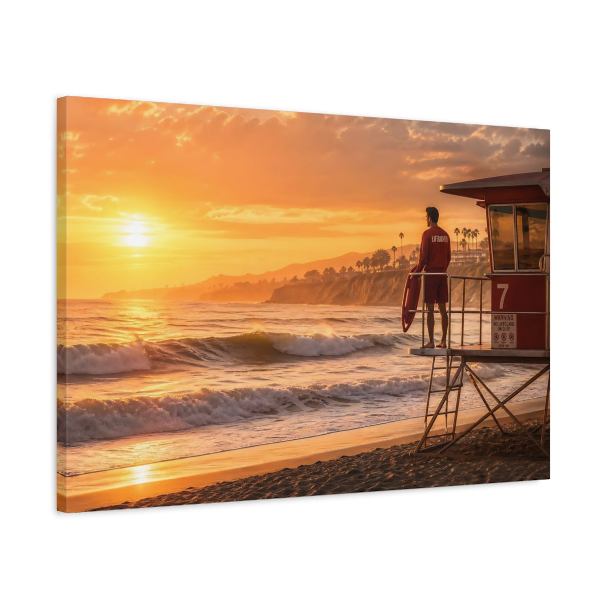 Side Mockup 2. Nature Beach Lifeguard Orange Sunset shown as canvas print