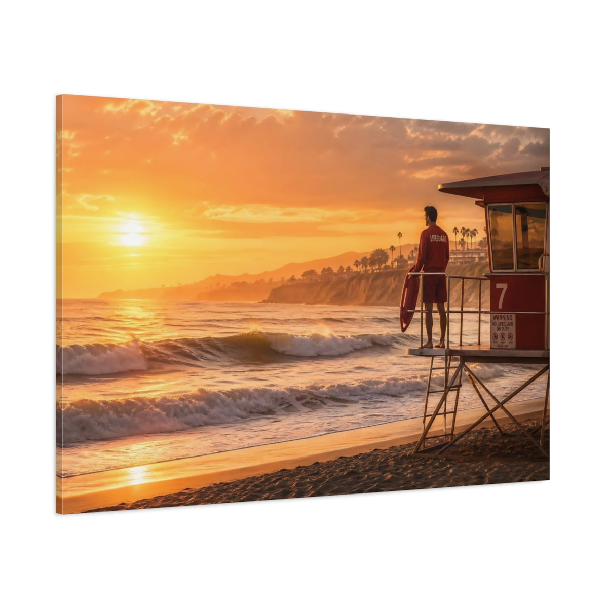 Side Mockup 1. Nature Beach Lifeguard Orange Sunset shown as canvas print
